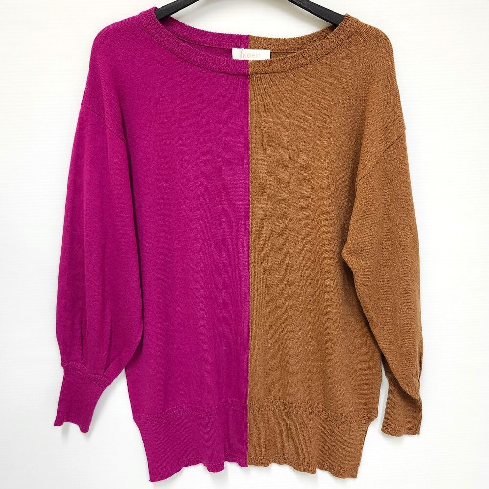 Noen Women's Magenta/Saddle Brown Pullover Sweater W/Ribbed Wrists Size M